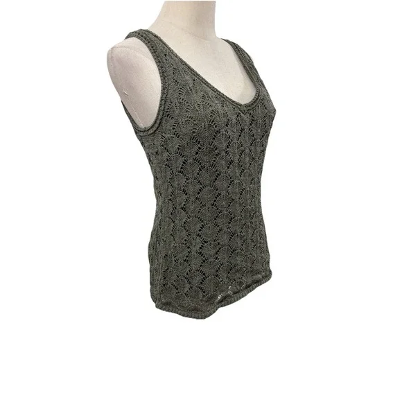 White House Black Market Olive Green Crochet Tank Top Sz M Boho Basic Layer - Picture 3 of 8